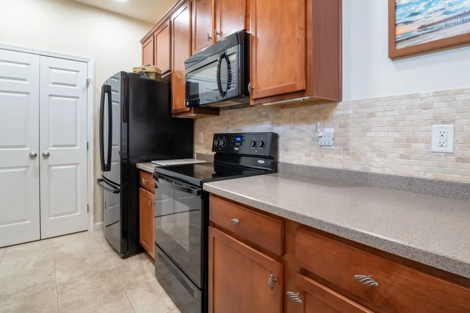 A modern kitchen counter with built-in appliances